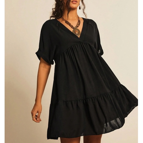 Solid Black V neck Short Sleeve High Waisted Ruffle Hem Dress - Picture 1 of 3